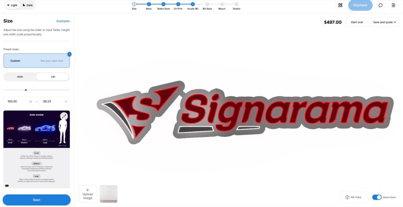 Dezigner.ai live — Signarama logo sign, $497 instant quote, size and style configurator