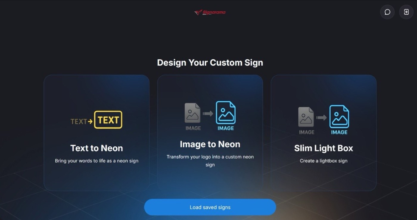 Dezigner.ai white-labelled under Signarama — Text to Neon, Image to Neon, Slim Light Box